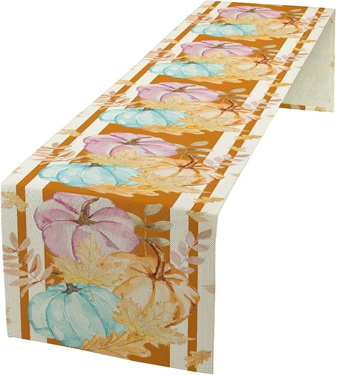 Watercolor Pumpkin Table Runner Rustic Farmhouse Autumn Plants Colorful Leaves Pastoral Harvest Theme Home Decor for Farmhouse Indoor Outdoor Party Holiday Dining Kitchen Restaurant Cafe W13xL108in