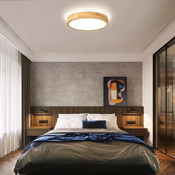 Modern Dimmable Wood Flush Mount Ceiling Light, 2700K-6000K 5CCT Round Close to Ceiling Lighting Fixtures, Minimalist LED Ceiling Lamp for Bedroom, Kitchen, Hallway, Living Room-15.74in