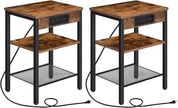 HOOBRO Side Tables Set of 2 with Charging Station and USB Port, Small End Tables for Small Space, 3-Tier Nightstands with Adjustable Shelf, for Living Room, Bedroom, Rustic Brown BF112BZP201