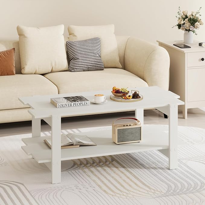 Giantex Coffee Table with Storage, 45 Inch Modern Center Table with Slatted Design & Side Rail Support, Rectangular Living Room Table for Small Spaces, White