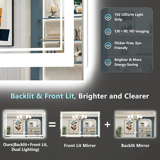 50x36 LED Bathroom Mirror with Lights, Backlit and Front Lit Anti-Fog Lighted