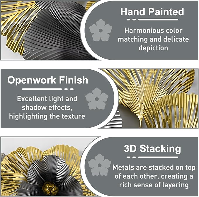 edaknez Extra Large Metal Wall Art, Metal Wall Decor for Living Room, 3D Flower Leaves Wall Decoration, Coastal Nautical Wall Hanging Sculpture, for Indoor Outdoor Black & Gold (B 145x55x6cm)