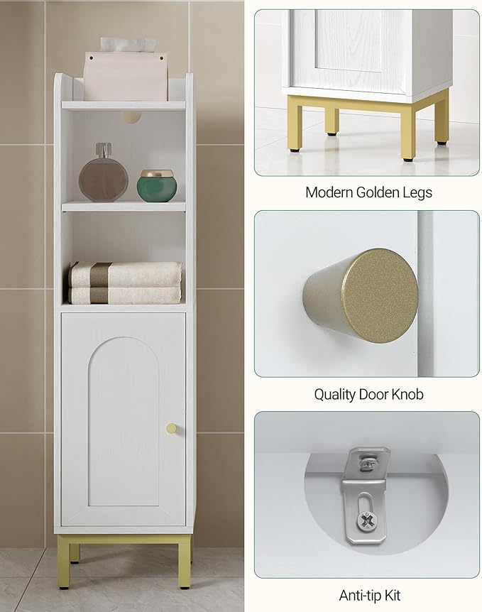 Bathroom Storage Cabinet, Small Corner Floor Cabinet with Door and Shelves, Narrow Toilet Paper Holder, Bathroom Organizer with Adjustable Shelf, for Small Spaces, White BC38213G