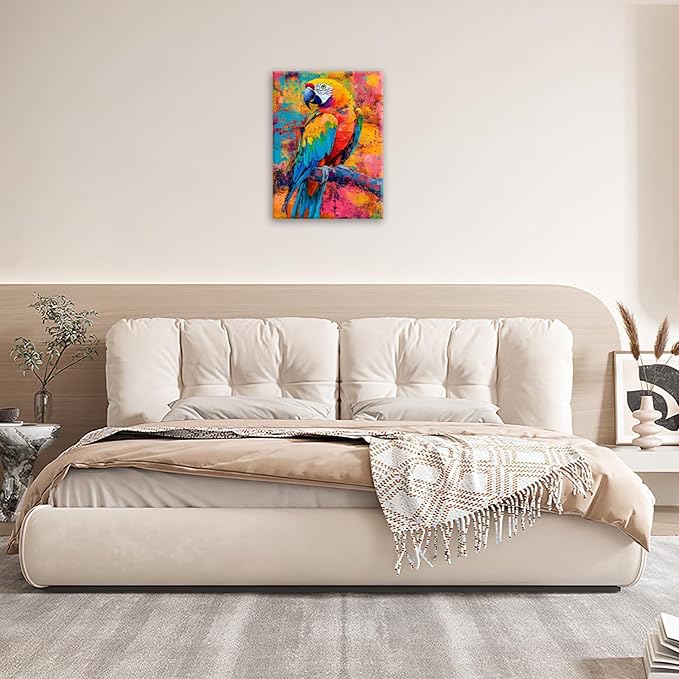 Parrot Wall Art, Graffiti Parrot Pictures Wall Decor, Colorful Birds Canvas Prints, Banksy Animal Painting, Framed Artwork for Bathroom Living Room Bedroom Office Dining Room 24"X20"