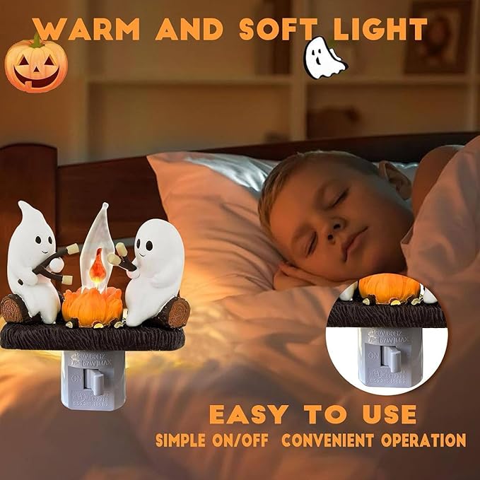Ghost Campfire Night Light, White Plastic, LED Flickering Flame Effect, Indoor Decorative Wall Plug-in, Spooky Decor for Kids Bedroom