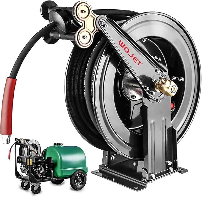 WOJET Pressure Washer Hose Reel 50 ft x 3/8 in, Retractable Hose Reel for Water/Air/Oil, Heavy Duty Hose Reel in Steel, Power Washer Reel with Dual Arm, Auto Rewind, Max 4000PSI (Without Hose)