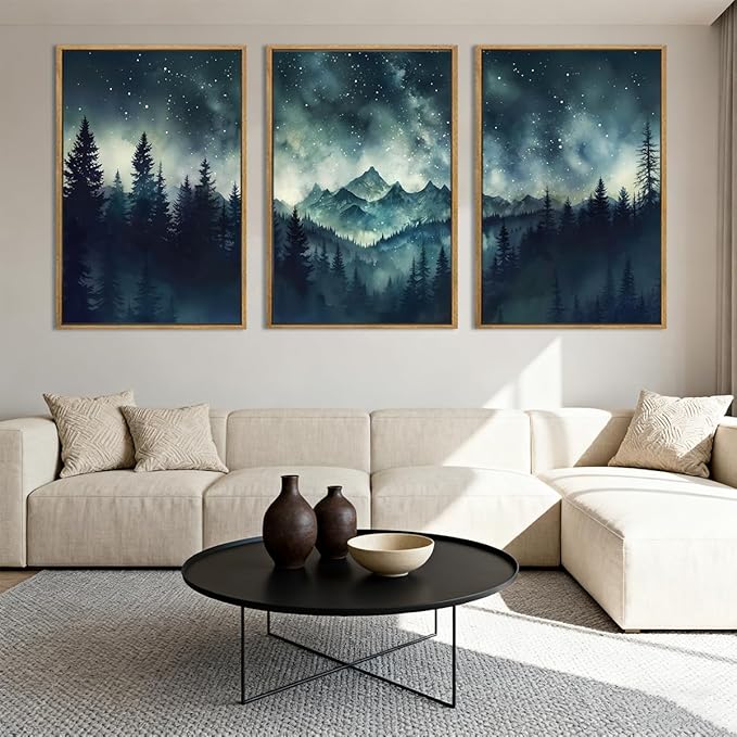 Large Mountain Framed Wall Art 16x24 Inch Dark Forest Starry Sky Canvas Wall Decor Modern Nature Wilderness Art Print for Living Room Bedroom Office Set of 3