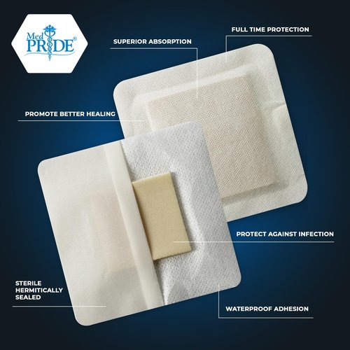 MED PRIDE Waterproof Silicone 6'' X 6'' Foam Wound Dressing (10-Count) Sterile, Adhesive Border | Home or Emergency Healing Support | Partial or Shallow Drainage Coverage