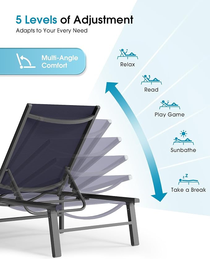 Ciokea Foldable Outdoor Lounge Chair Set of 4, No Assembly Aluminum Chaise Lounge Outdoor with 5-Positions, Aluminum Pool Lounge Chairs with Portable Design for Pool, Deck, Beach, Patio (Navy Blue)
