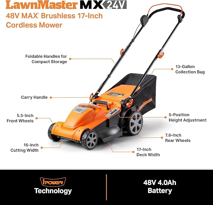 LawnMaster CLMF4817E 48V MAX Brushless Mower with 2X24V MAX 4.0Ah Battery and a Dual Charger