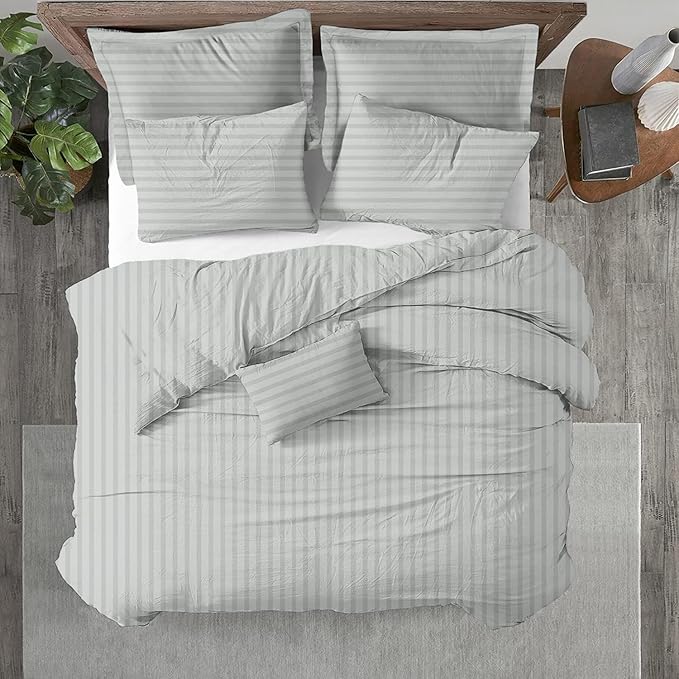 Kotton Culture 3 Pc King Size Duvet Cover Set- 100% Egyptian Cotton Sateen 600 Thread Count Ultra Soft Premium Durable Comforter Cover Zipper Closure & Corner Ties (Striped Silver, King 102"x94")
