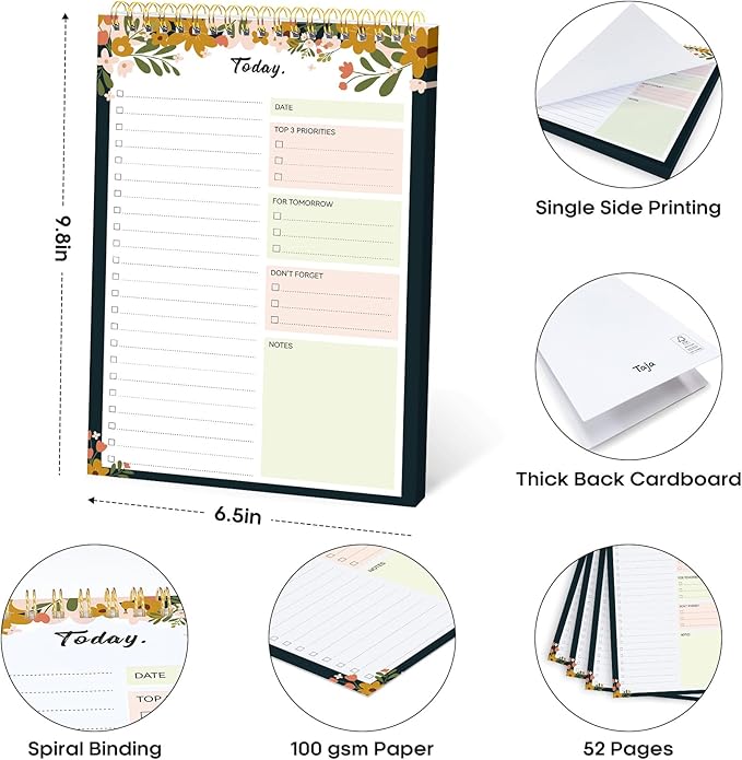 Taja To Do List Notepad - To Do List Notebook for Work with 52 Sheets, 9.8" x 6.5", Undated Daily Planner Perfect for Daily Tasks and Goal Setting, Notepad Suitable for Office, Home & School - Rustic Floral