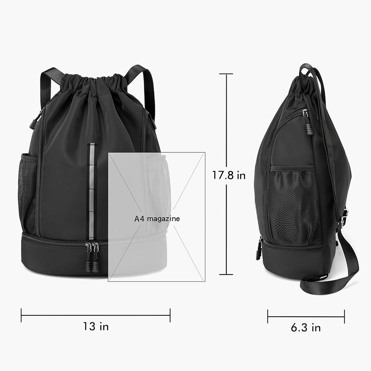 Skiennix Sport Gym Bag - Drawstring Backpack with Shoe Compartment & Reflective Strips | Black