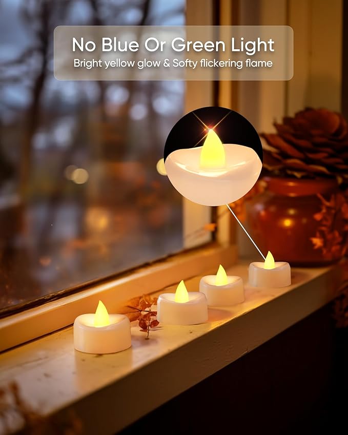 LED Tea Lights, 24-Pack Battery Operated, Long-Lasting 200 Hour Flameless Candles, Flickering for Halloween & Fall, Warm Yellow, 1.5'' D x 1.25'' H