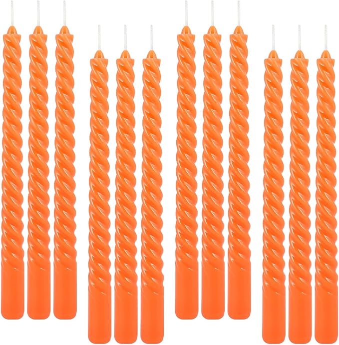 12Pack 10 Inch Orange Spiral Taper Candles，Unscented and Long Burning Dripless Twisted Candlesticks for Home Fall Decor,Halloween,Wedding, Birthday, Christmas