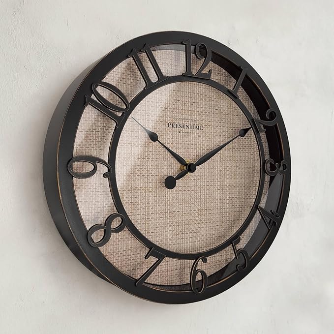 Presentime & Co 10" Farmhouse Series Wall Clock, Cottage Style, Faux Burlap