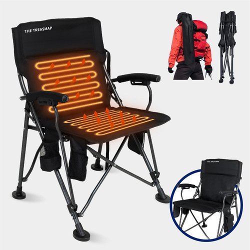 Heated Camping Chairs Adults Folding: Oversized Foldable Outdoor Chair for Outsides with Cup Holder – Heavy Duty Heating Portable Chair Sports Fishing Soccer Lawn Battery NOT Included (Black, X Large)