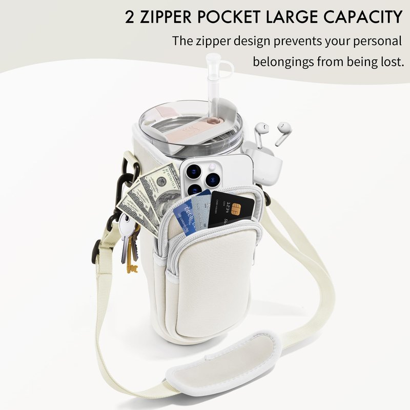 JEBEALUO Water Bottle Carrier Bag with Phone Pocket for Stanley Cup 40/30 oz, Water Bottle Holder with Adjustable Strap& Straw Cover, Stanley Cup Accessories (White)