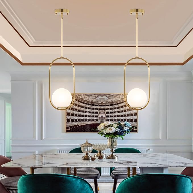 Modern Gold Globe Pendant Light Mid Century Chandelier 1-Light Brushed Brass Ceiling Hanging Lighting Fixture with White Globe Glass Shade for Kitchen Island Dining Room Bedroom