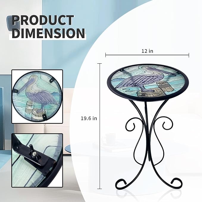 LIFFY Outdoor Side Table, 12" Glass Pelican Tabletop Patio Tables with Metal Frame, 21" Height Indoor Small Round Home Decorative Plant Stand Outside for Garden Patio Yard Porch
