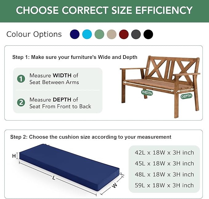 Summsun Outdoor Bench Cushion: Waterproof and Fade Resistant Patio Furniture Cushions - Non-Slip Bench Pad Cushion with Removable Cover for Garden Swing Porch Sofa Settee, 42 x 18 Inch, Navy Blue