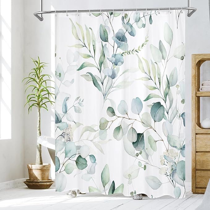 MitoVilla Sage Green Small Stall Shower Curtain 36 x 72, Spring Floral Narrow Half Size Fabric Elegant Shower Curtains for Modern Chic Bathroom Decor, Summer Watercolor Eucalyptus Leaf