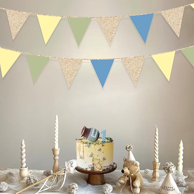 Champagne Gold Dusty Blue Sage Green Yellow Pennant Banner Flag Olive Green Macaron Yellow Blue Hanging Glitter Paper Triangle Bunting for Baby Shower Birthday Wedding Hen Party Decorations Supplies