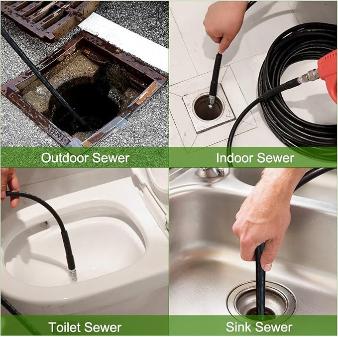 200FT Sewer Jetter Kit for Pressure Washer, 5800PSI Drain Cleaner Hose 1/4 Inch NPT, Corner, Rotating and Button Nose Sewer Jetting Nozzle Waterproof Tape Pearl Corsage Pin with 2Pcs Spanner