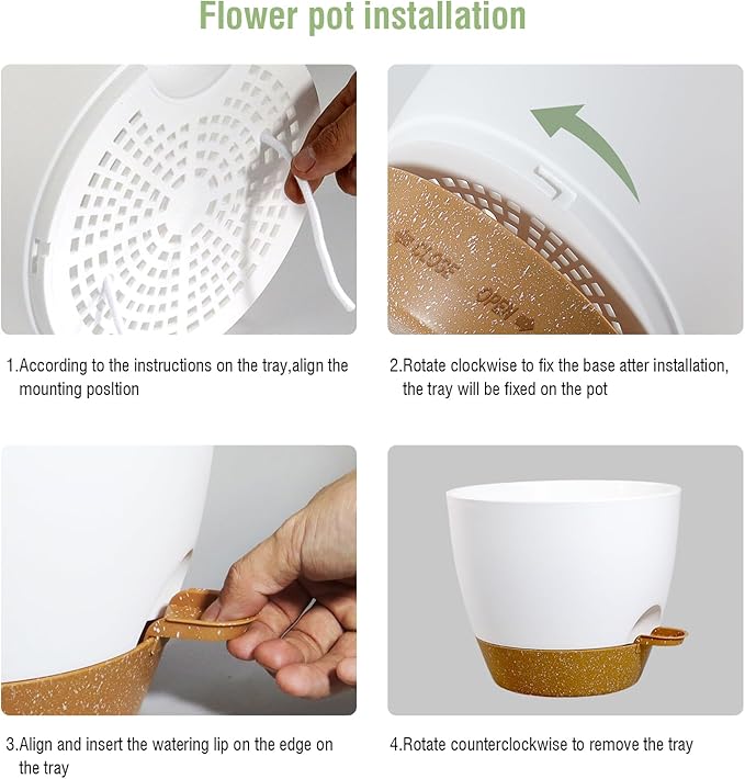 10/9/8 inch Medium Self Watering Pots, Planter, Plant Pots with Mesh Drainage Holes for Indoor Outdoor Garden Plants, Plastic Flower Pots with Removable Deep Reservoir, White with Brown