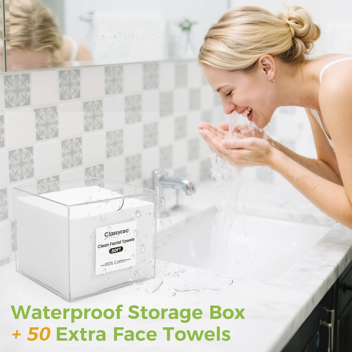 50 PCS Disposable Face Towel Holder, Acrylic Cosmetic Container for Clean Skin Club, XL Clean Towel Makeup Remover Wipes Waterproof Box for Dresser Countertop, Bathroom Storage(Includes Cotton Cloth)