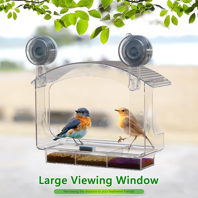 Gbekery Window Bird Feeder with Strong Adhesive Suction Cups, Clear Bird Feeders for Window Viewing, Acrylic Window Bird Houses for Viewing Inside, Suction Bird Window Feeder for Cats