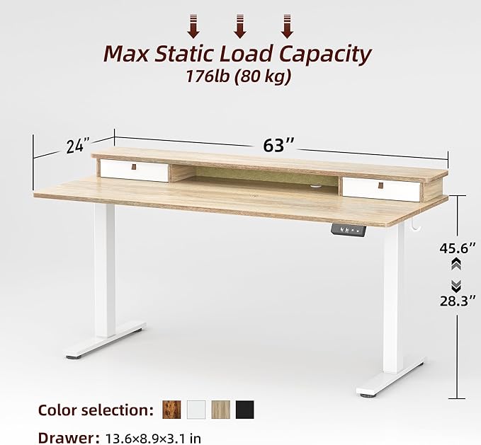 TIQLAB Standing Desk with Two Drawers, Stand Up Standing Desk Adjustable Height, Electric Sit Stand Table with Storage Shelf and Splice Board, 63 * 24 inch, Maple