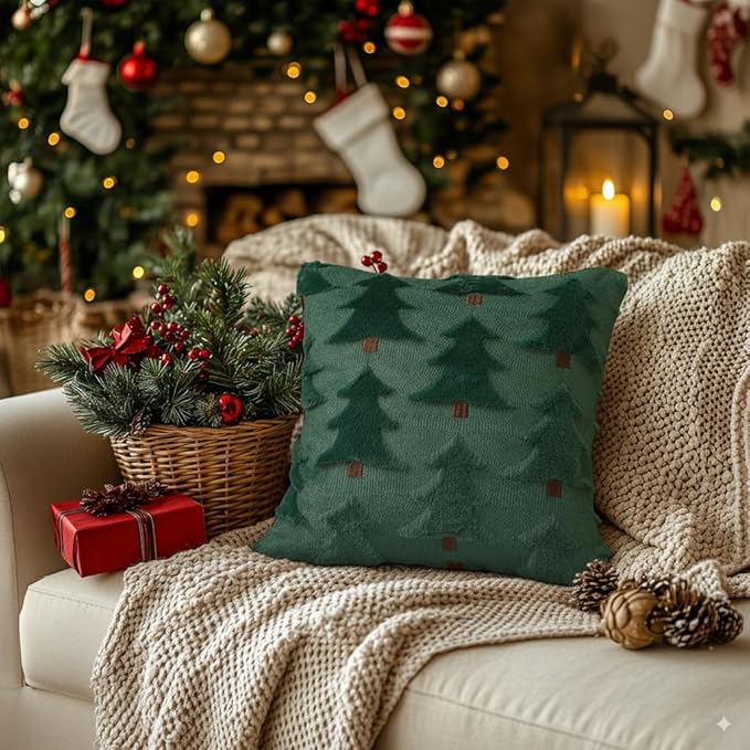 GEEORY Christmas Pillow Covers 16x16 Inch Set of 2, Christmas Decorations Xmas Tree Soft Plush Fluffy Faux Fur Decorative Throw Pillows Farmhouse Winter Cushion Case Green Brown GC033-16