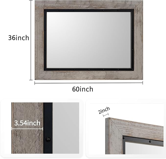 YOSHOOT Rustic Wooden Framed Wall Mirror, Natural Wood and Iron Bathroom Vanity