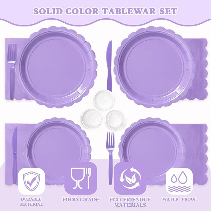 Vyntra 350 PCS Disposable Plates for Party, Paper Plates & Napkins Set with Cups, Knives, Forks, Spoons, 7'' Dessert and 9'' Dinner Plates for Birthday, Bridal & Baby Shower - Lavender/Light Purple