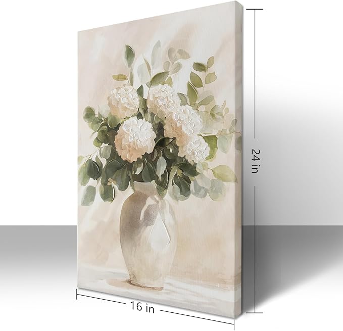 Hand painted Rustic Farmhouse Flower Canvas Wall Art, White Hydrangeas Wall Decor Pictures ,Soothing Calming Nature Botanical Vintage Floral Country Prints Artwork for Bedroom Living Room 16x24in