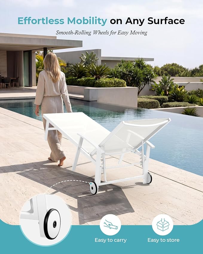 Ciokea Outdoor Lounge Chair with Pillow Set of 2, 5-Position Aluminum Chaise Lounge with Wheels & Armrests, 400 lbs Heavy Duty Patio Pool Chair for Backyard, Deck, Beach & Poolside, White