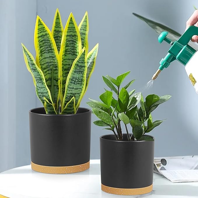 8/7/6 inch Flower Pots, 3 Pack Cylinder Plant Pots for Outdoor Indoor Plants, Decorative Plastic Planters with Drainage Holes and Saucers for Garden House Plants, Black with Brown