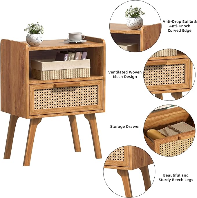 Lerliuo Rattan Nightstands Set of 2, Side Table with Drawer, Cane Accent Bedside End Table with Solid Wood Legs, Mid Century Modern Night Stand for Bedroom, Dorm and Small Spaces (Tea Brown)