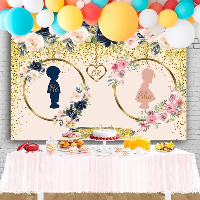 Gender Reveal Backdrop 7x5ft Navy and Blush He or She What Will Baby Be Gender Reveal Backdrop Boy or Girl Pregnancy Reveal Photography Background Baby Shower Backdrop Cake Table Decor