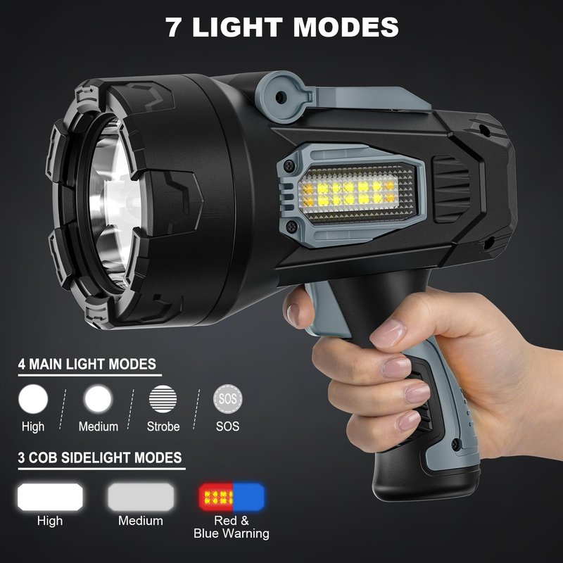Vinderfine Rechargeable Spotlight, 99000 Lumens Super Bright Led Spotlights Flashlight with Cob Light, 10000ɱAh Spot Lights, Handheld Spotlight for Hunting Boating Outdoor, Long Runtime