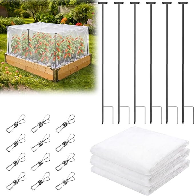 Metal Garden Netting Covers Kit for Raised Beds, 6 Pack 2.6FT Garden Poles Support Stakes with 10×13FT Insect Pest Barrier Plant Netting Mesh & 12 Clips for Vegetable Fruit Flower Garden Protection