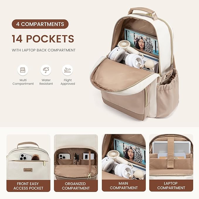 LOVEVOOK Laptop Backpack for Women with Pouch Pocket for Large Capacity Cup,15.6 Inch Laptop Computer Bag Travel Backpack Purse,Waterproof Work Business College Teacher Backpack,Beige-Nude-Logam Plum