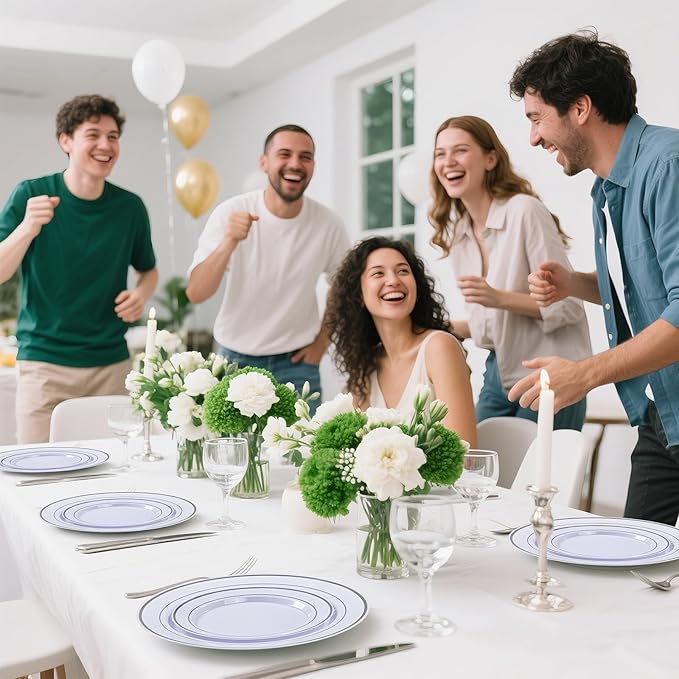DaYammi 350PCS Silver Plastic Dinnerware Set for 50 Guests, Fancy Disposable Plates for Christmas, Include: 50 Dinner Plates, 50 Dessert Plates, 50 Pre Rolled Napkins with Silver Silverware, 50 Cups