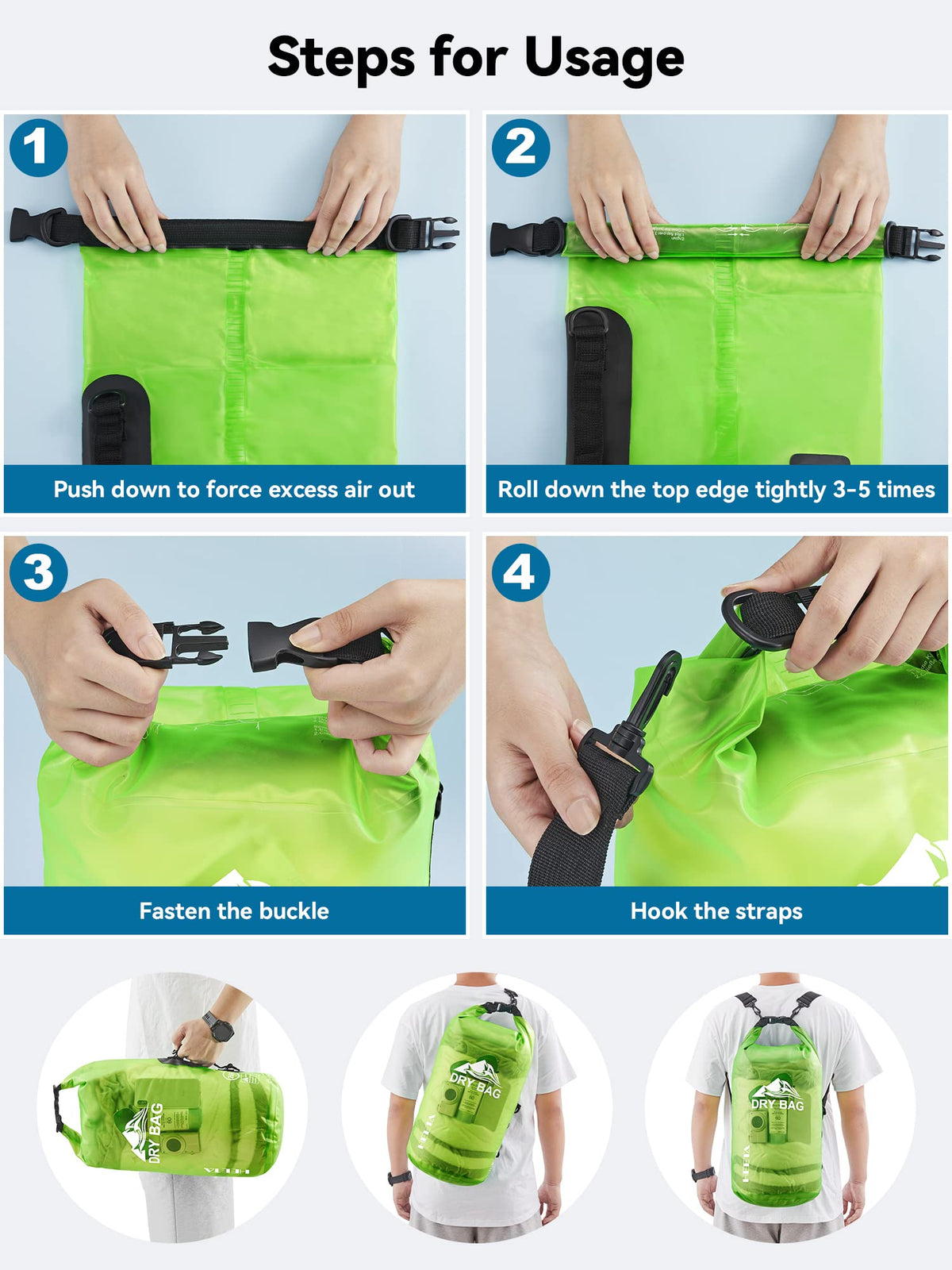 HEETA Dry Bag Waterproof for Women Men, Roll Top Lightweight Dry Storage Bag Backpack with Phone Case for Travel Swimming Boating Kayaking Paddle Board Camping Beach Accessories (Lemon Green, 5L)