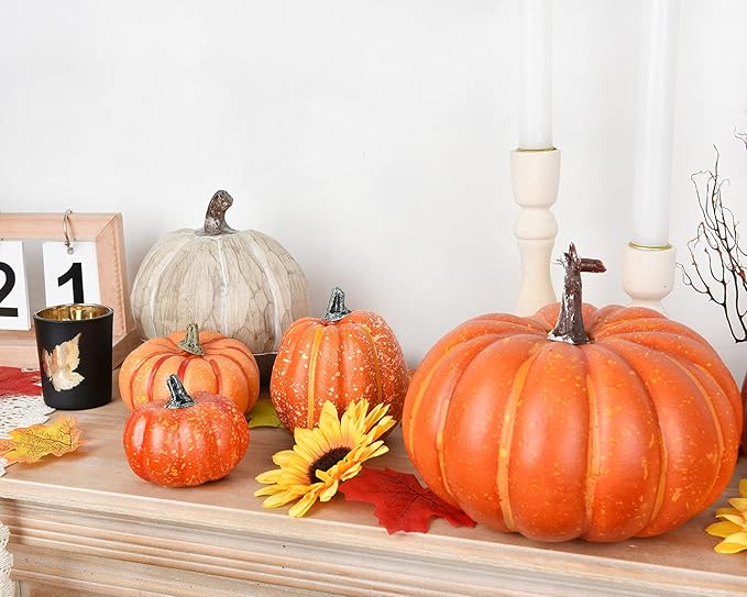 DearHouse 8Pcs Thanksgiving Artificial Pumpkins Home Decoration Sets and 50PCS Maple Leaves, Artificial Vegetables Pumpkins for Fall Harvest Decoration