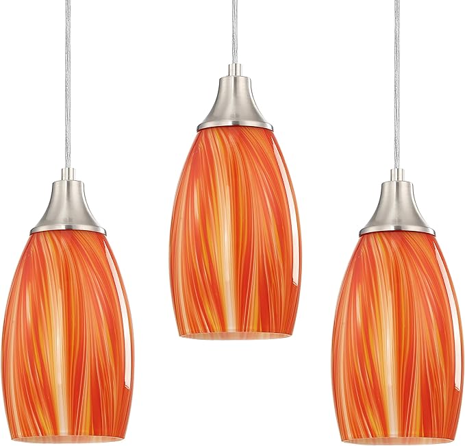 Art Glass Mini Pendant Lights for Kithen Island Blown Glass Pendant Lighting Shade with Brushed Nickel Finish 3Pack Hanging Pendant Light Kitchen Counter,Dining/Living Room Red Orange