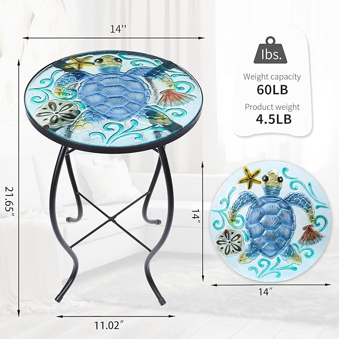 VCUTEKA Patio Side Table Outdoor Accent Table Small Mosaic Table Coffee Table End Table Porch Table Indoor Outdoor Round Glass Balcony Bistro Plant Stands Blue Transparent Turtle 14 inches