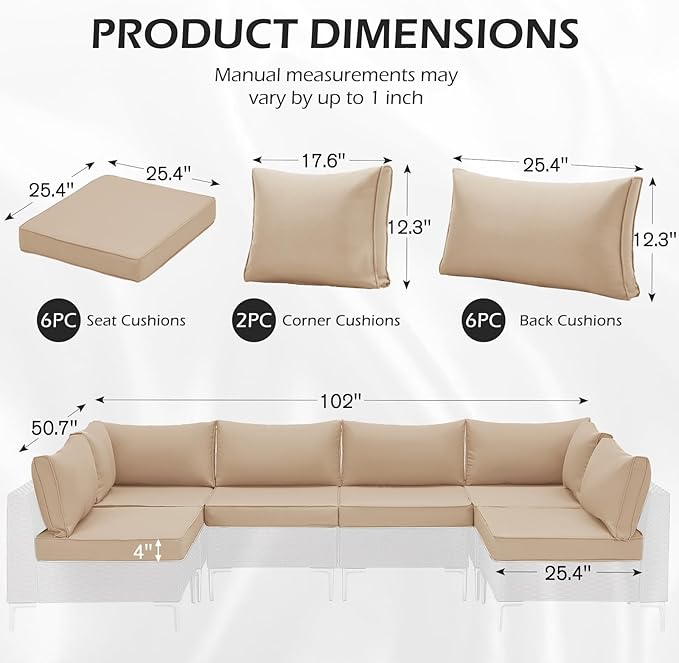 HOMREST 14-Piece Outdoor Cushions for Patio Furniture, 25x25 Inch Deep Seat Replacement Cushions Set with Water-Resistant Cover & Non-Slip Base, Fits 6-Seat Rattan Wicker Sectional Sofa, Khaki