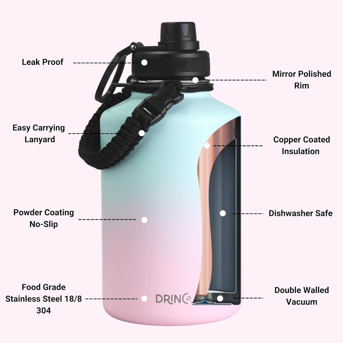 DRINCO Stainless Steel Water Bottle Spout Lid Vacuum Insulated Double Wall Water Bottle Wide Mouth (64oz 40oz 32oz 22oz 18oz 14oz) Leak Proof Keep Cold Sport Camping Hiking (64 oz, 64oz Macaron)